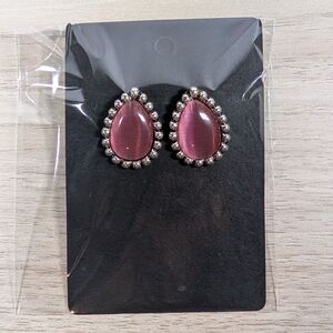 Pink Cat Eye Teardrop Stud Earrings Silver Tone Vintage Style